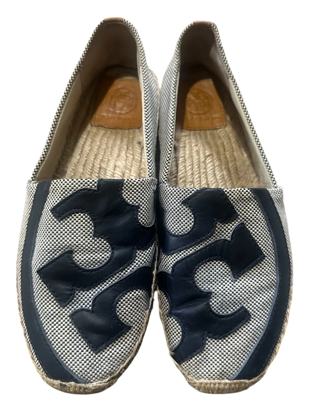 Tory Burch Lonnie Flat Espadrilles Navy Ivory Checkered Canvas Pattern Size 9